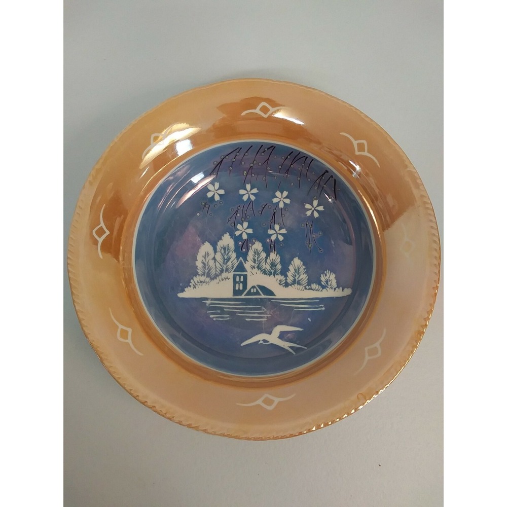 Vintage 9" Decorative Serving Bowl Blue Winter Scene Gold 2" Inner Rim Japan
